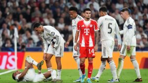 Real Madrid attackers Kylian Mbappé and Vinícius Júnior look to exploit Bayern Munich's high defensive line during the UEFA Champions League quarter-final second leg at the Allianz Arena, April 15, 2026