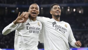 Real Madrid players celebrate advancing from the UEFA Champions League quarter-finals, a stage where Los Blancos have never been eliminated since 2004 — the greatest knockout record in football history