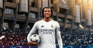 Michael Olise celebrates a goal for Bayern Munich at the Allianz Arena as Real Madrid president Florentino Pérez reportedly prepares a €160M summer transfer bid for the 24-year-old French winger, who assisted Harry Kane's winner in the Champions League first leg at the Bernabéu